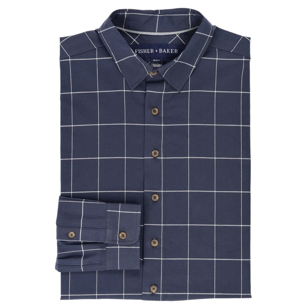 FISHER+ BAKER Blue Window Pane, RICHMOND SHIRT Button Down Men’s Medium NEW
